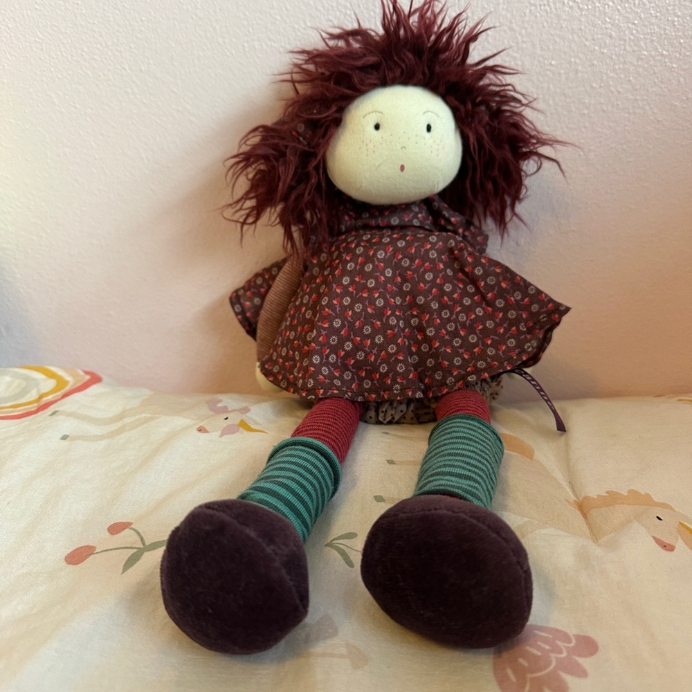 Moulin Roty- Adorable Jeanne Doll with Burgundy Hair and Dress